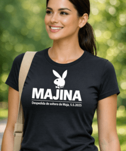 Camiseta divertida Playboy con nombre y fecha para despedida de soltera