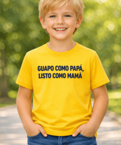 Camiseta divertida infantil: guapo como papá, listo como mamá