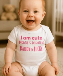 Body de bebé divertido con el diseño I am cute Momy is beautiful DADDY IS LUCKY!
