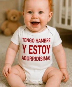 Body de bebé Tengo hambre y me aburro con diseño divertido y frase TENGO HAMBRE Y ESTOY ABURRIDÍSIMA!