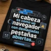 Camiseta humor tech con la frase Mi cabeza es como un navegador con demasiadas pestañas abiertas... y gráficos minimalistas de pestañas, pop-ups e iconos de carga