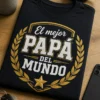 Camiseta para papá con el texto exacto El mejor papá del mundo, diseño retro tipo badge con laurel y estrella, estilo masculino en dorado y blanco
