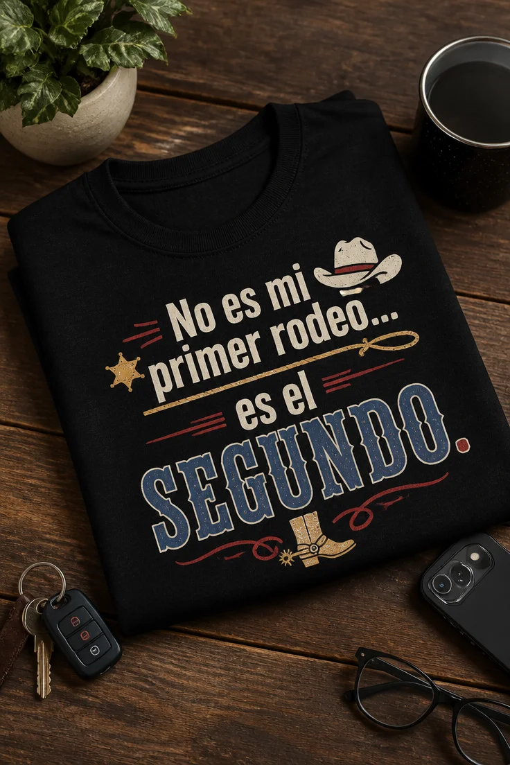 Camiseta de humor con la frase No es mi primer rodeo… es el segundo. Diseño tipográfico western moderno en estilo vintage sobre camiseta unisex.