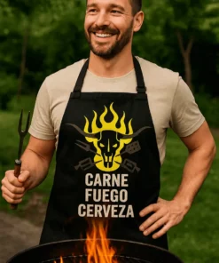 Delantal divertido Carne fuego cerveza con diseño CARNE FUEGO CERVEZA
