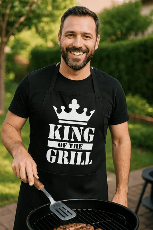 Delantal divertido rey de la parrilla como regalo de cumpleaños para fan de las barbacoas