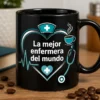 Taza con diseño minimalista de enfermería y el texto La mejor enfermera del mundo, con línea de pulso y corazón en tonos teal y blanco.